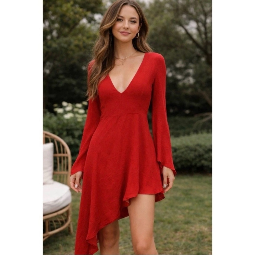 IRO Vibrant Red V-Neck Split Sleeve Asymmetrical Dress Sz. 36 or a Sz. 4